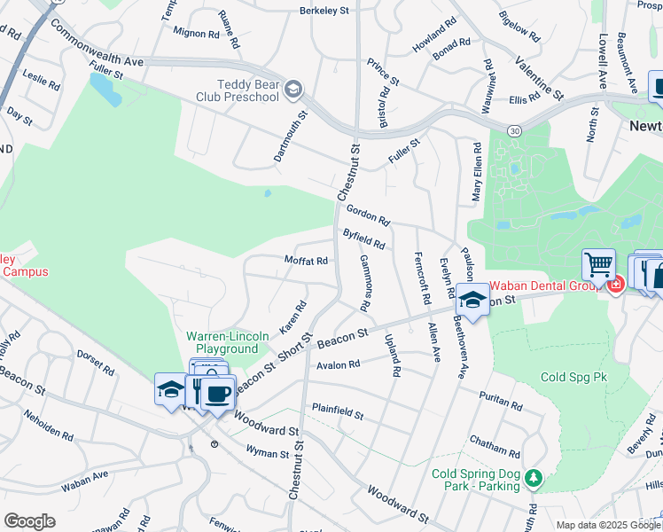 map of restaurants, bars, coffee shops, grocery stores, and more near 513 Chestnut Street in Newton