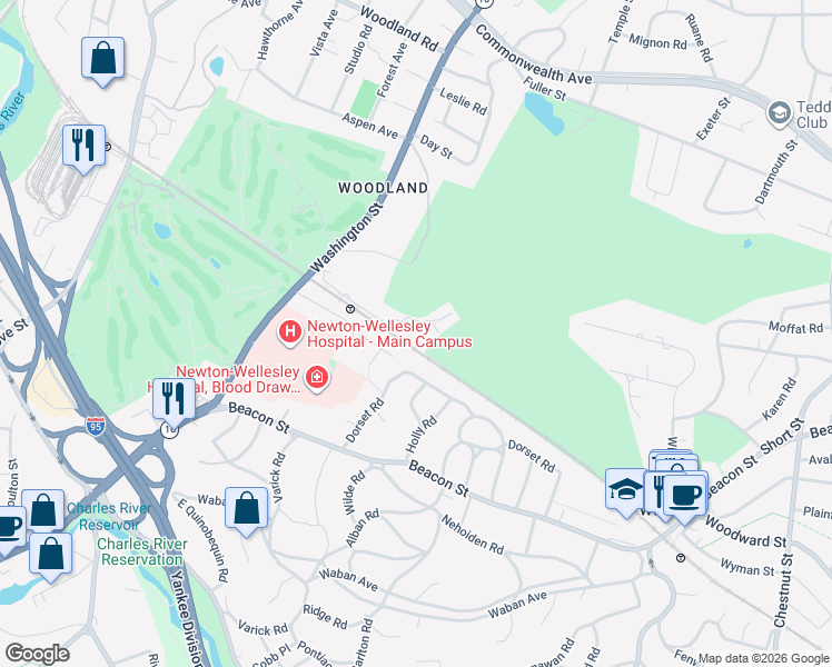 map of restaurants, bars, coffee shops, grocery stores, and more near 1940 Washington Street in Newton
