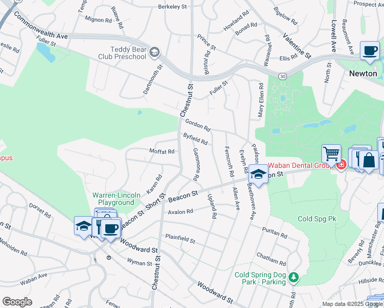 map of restaurants, bars, coffee shops, grocery stores, and more near 29 Gammons Road in Newton