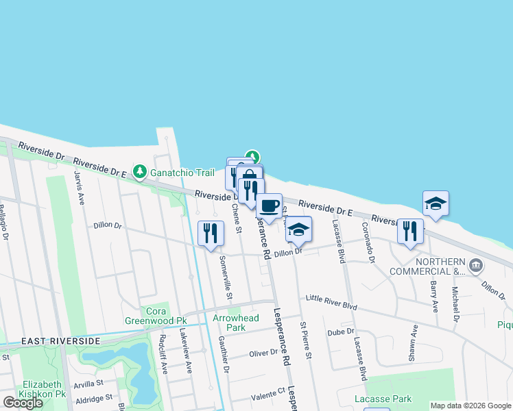 map of restaurants, bars, coffee shops, grocery stores, and more near 119b Lesperance Road in Windsor