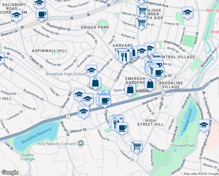 map of restaurants, bars, coffee shops, grocery stores, and more near 176 Davis Avenue in Brookline