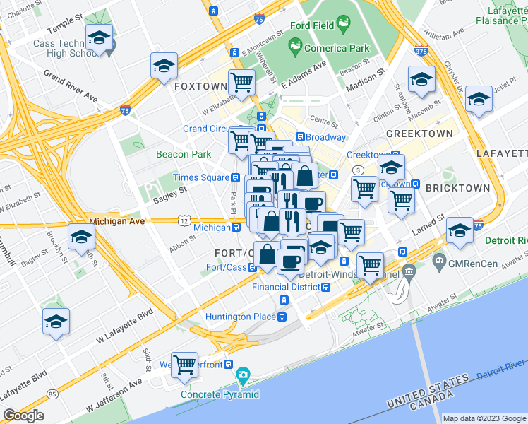 map of restaurants, bars, coffee shops, grocery stores, and more near 1010 Washington Boulevard in Detroit