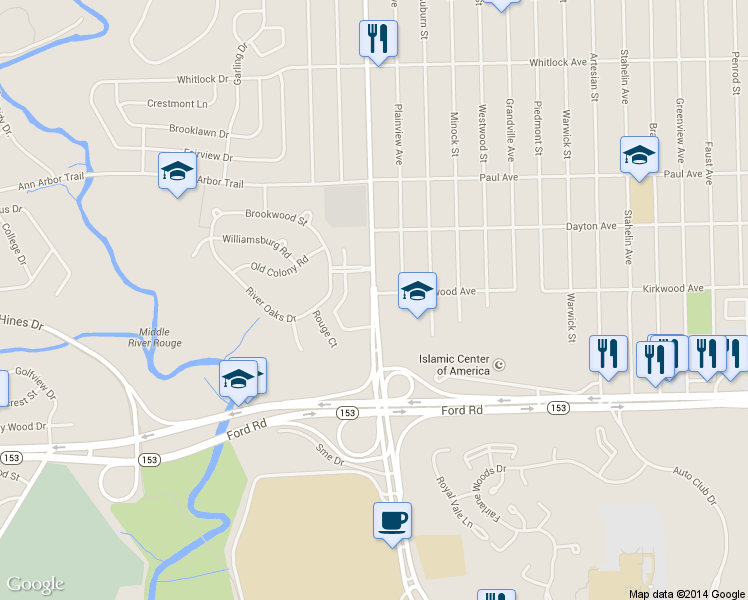 map of restaurants, bars, coffee shops, grocery stores, and more near 5761 Evergreen Road in Dearborn Heights