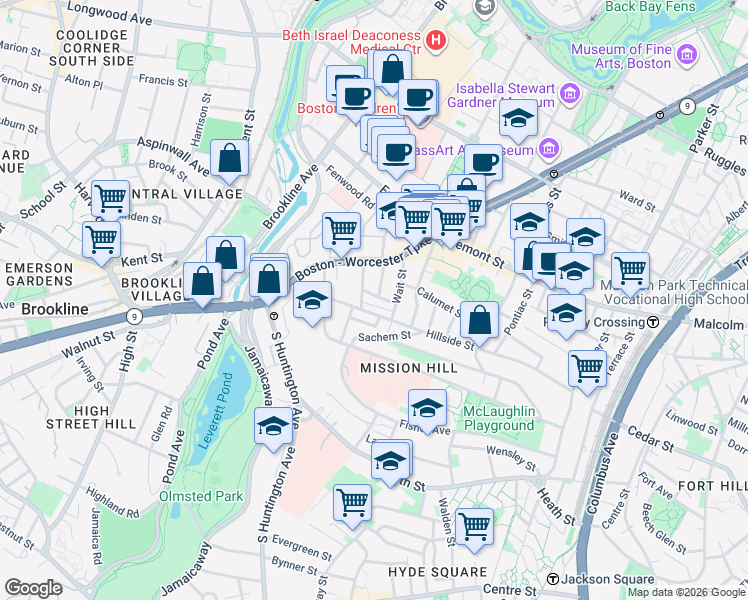 map of restaurants, bars, coffee shops, grocery stores, and more near 168 Hillside Street in Boston