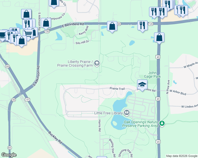 map of restaurants, bars, coffee shops, grocery stores, and more near 32400 Harris Road in Grayslake