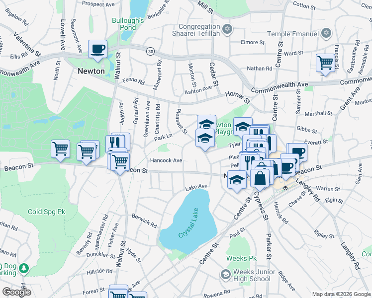 map of restaurants, bars, coffee shops, grocery stores, and more near 26 Webster Court in Newton
