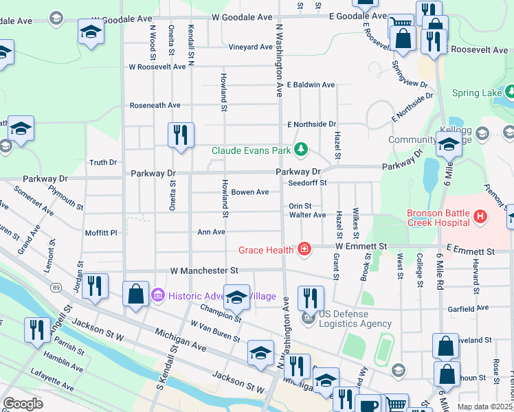 map of restaurants, bars, coffee shops, grocery stores, and more near 53 Greenwood Avenue in Battle Creek