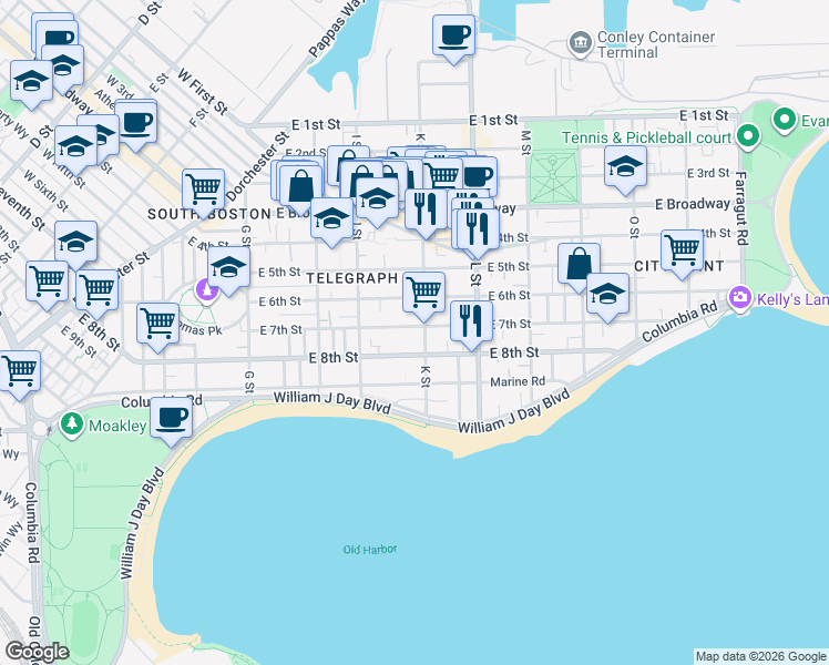 map of restaurants, bars, coffee shops, grocery stores, and more near 360 K Street in Boston