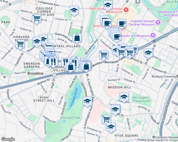 map of restaurants, bars, coffee shops, grocery stores, and more near 890 Huntington Avenue in Boston