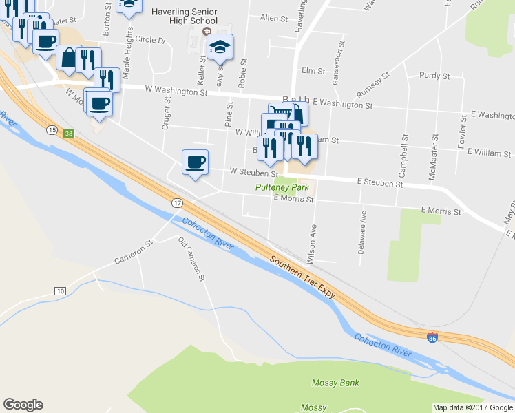 map of restaurants, bars, coffee shops, grocery stores, and more near 9 West Morris Street in Bath