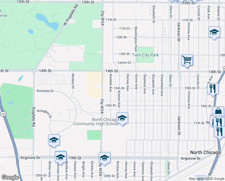 map of restaurants, bars, coffee shops, grocery stores, and more near 1503 Kemble Avenue in North Chicago