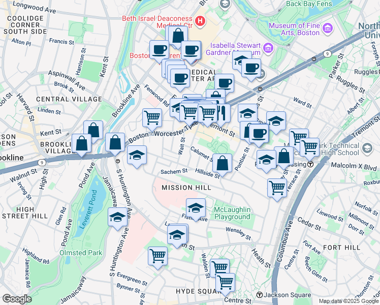 map of restaurants, bars, coffee shops, grocery stores, and more near 11 Darling St in Boston