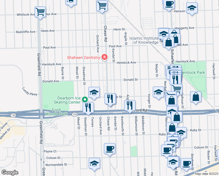 map of restaurants, bars, coffee shops, grocery stores, and more near 5824 Chase Road in Dearborn