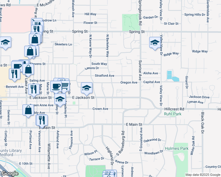 map of restaurants, bars, coffee shops, grocery stores, and more near 303 North Berkeley Way in Medford