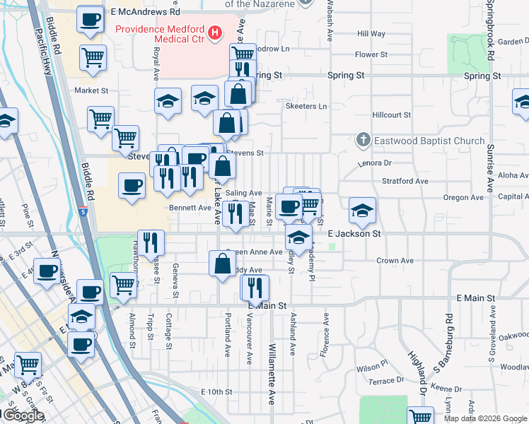 map of restaurants, bars, coffee shops, grocery stores, and more near 314 Marie Street in Medford