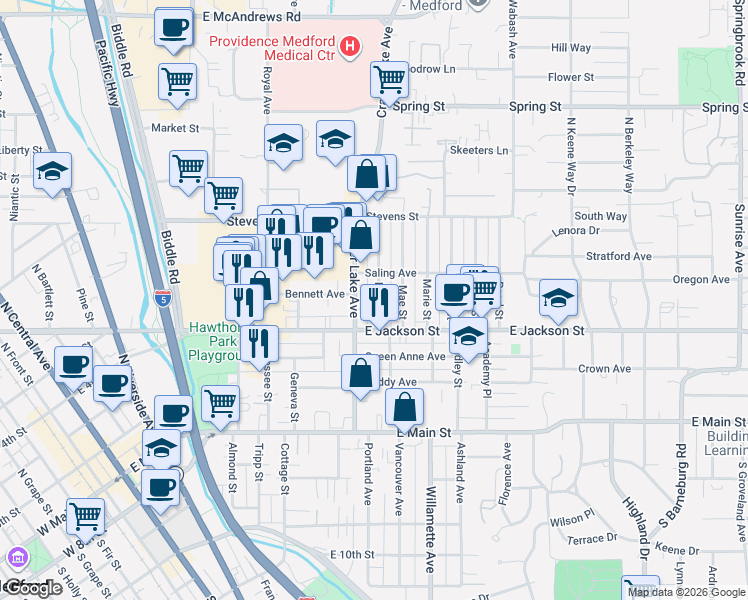 map of restaurants, bars, coffee shops, grocery stores, and more near 300 Crater Lake Avenue in Medford