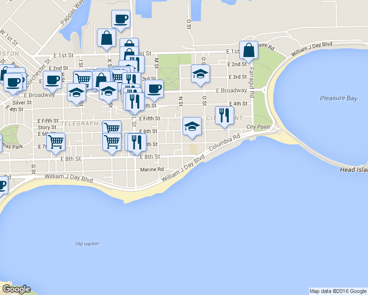 map of restaurants, bars, coffee shops, grocery stores, and more near 202 N Street in Boston