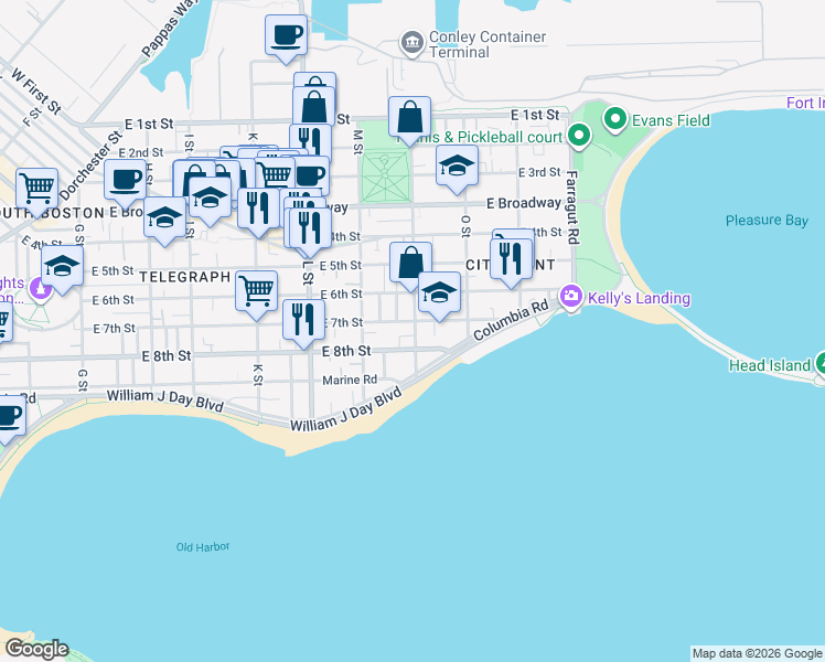map of restaurants, bars, coffee shops, grocery stores, and more near 202 N Street in Boston