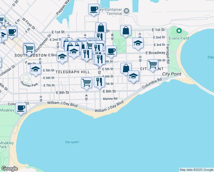 map of restaurants, bars, coffee shops, grocery stores, and more near 681 East 8th Street in Boston