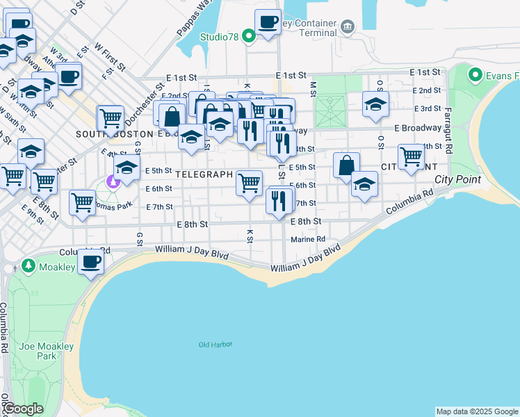 map of restaurants, bars, coffee shops, grocery stores, and more near 360 K Street in Boston