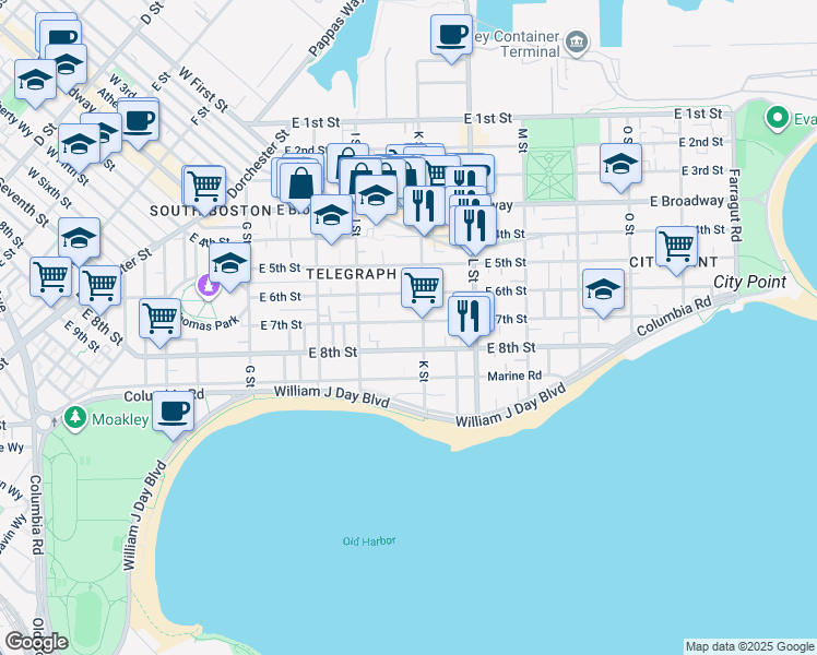 map of restaurants, bars, coffee shops, grocery stores, and more near 582-1/2 East 8th Street in Boston