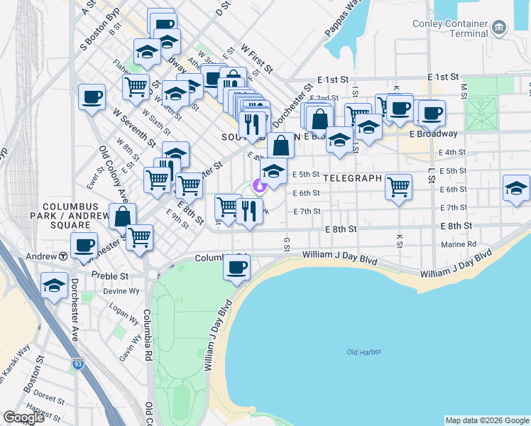 map of restaurants, bars, coffee shops, grocery stores, and more near 378 East 8th Street in Boston