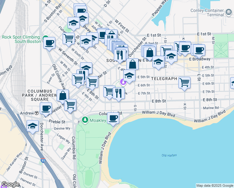 map of restaurants, bars, coffee shops, grocery stores, and more near 378 East 8th Street in Boston