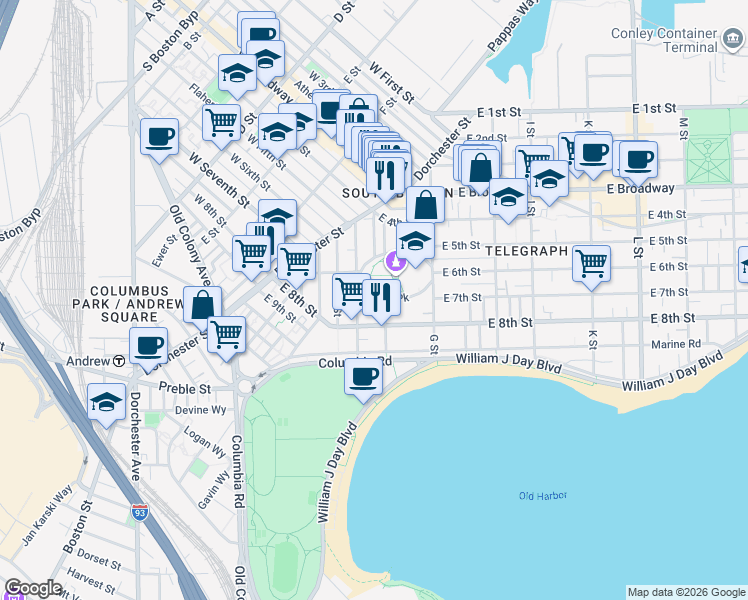 map of restaurants, bars, coffee shops, grocery stores, and more near 378 East 8th Street in Boston