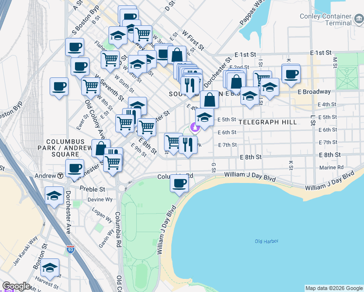 map of restaurants, bars, coffee shops, grocery stores, and more near 99 Old Harbor Street in Boston
