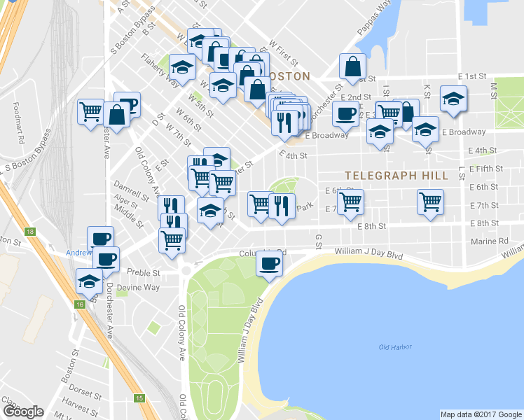 map of restaurants, bars, coffee shops, grocery stores, and more near 99 Old Harbor Street in Boston