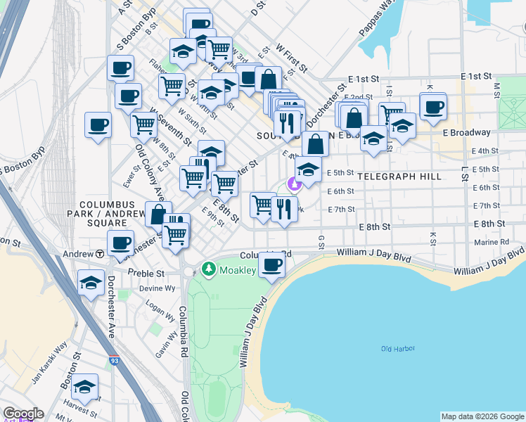 map of restaurants, bars, coffee shops, grocery stores, and more near 99 Old Harbor Street in Boston