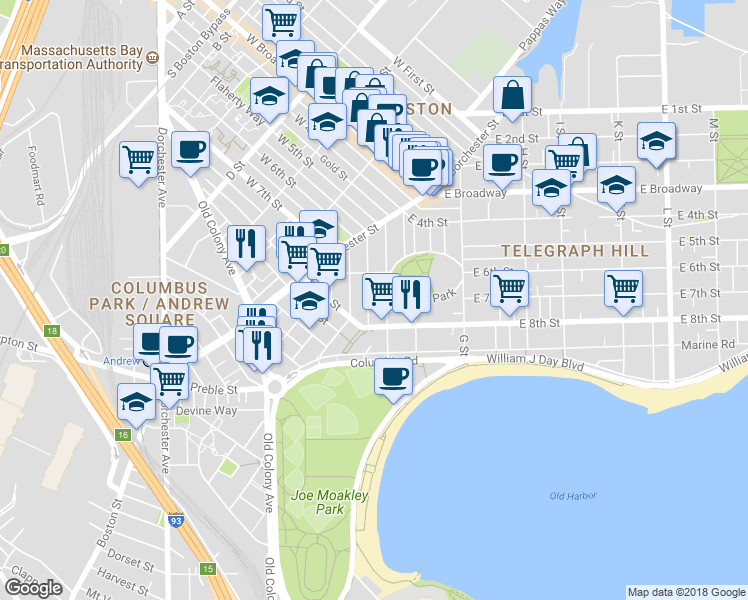 map of restaurants, bars, coffee shops, grocery stores, and more near 99 Old Harbor Street in Boston