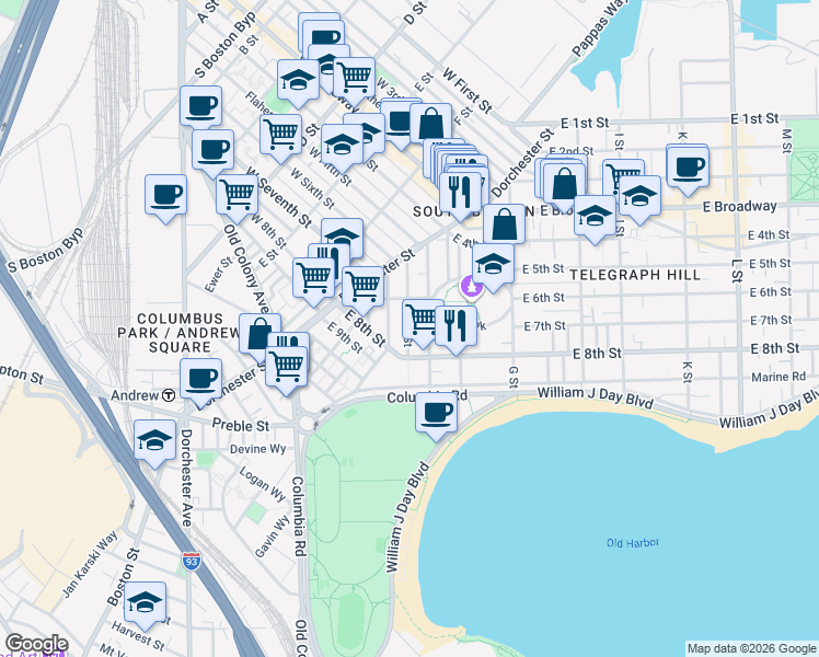 map of restaurants, bars, coffee shops, grocery stores, and more near 99 Old Harbor Street in Boston
