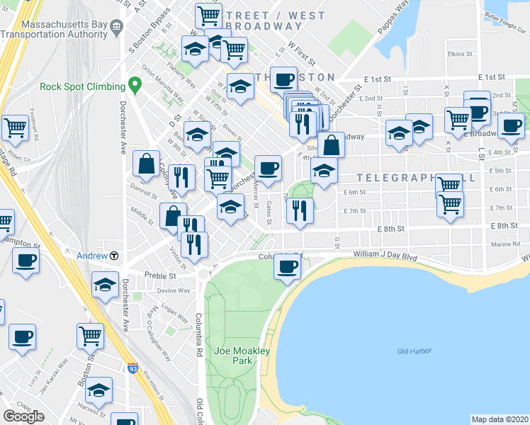 map of restaurants, bars, coffee shops, grocery stores, and more near in Boston