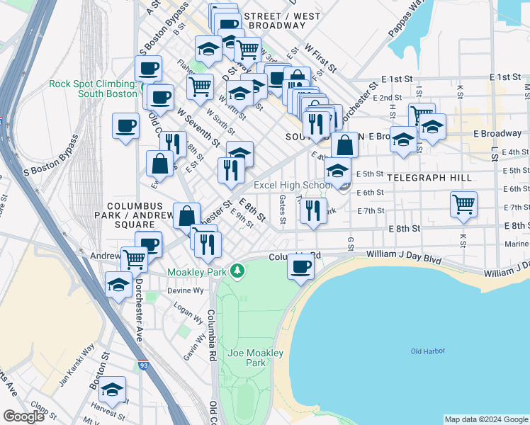 map of restaurants, bars, coffee shops, grocery stores, and more near in Boston