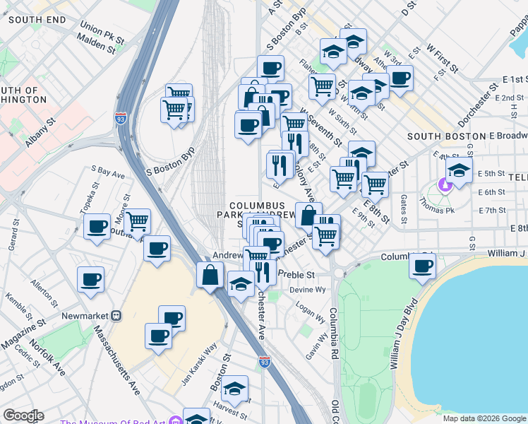 map of restaurants, bars, coffee shops, grocery stores, and more near in Boston