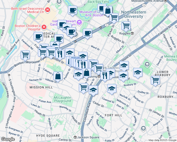map of restaurants, bars, coffee shops, grocery stores, and more near 3 Morton Place in Boston