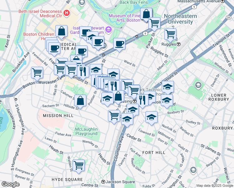 map of restaurants, bars, coffee shops, grocery stores, and more near in Boston