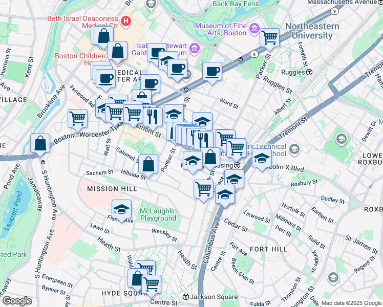 map of restaurants, bars, coffee shops, grocery stores, and more near 19A Burney Street in Boston