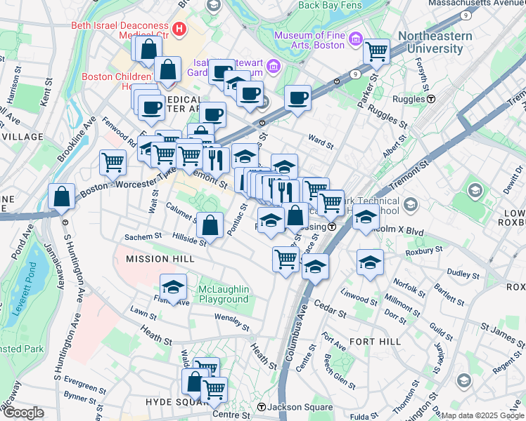map of restaurants, bars, coffee shops, grocery stores, and more near 19A Burney Street in Boston