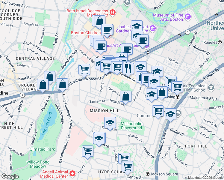 map of restaurants, bars, coffee shops, grocery stores, and more near 5 Oswald Street in Boston