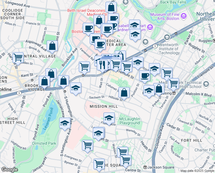 map of restaurants, bars, coffee shops, grocery stores, and more near 39 Darling Street in Boston