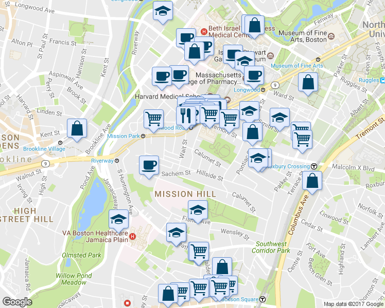 map of restaurants, bars, coffee shops, grocery stores, and more near 39 Darling Street in Boston