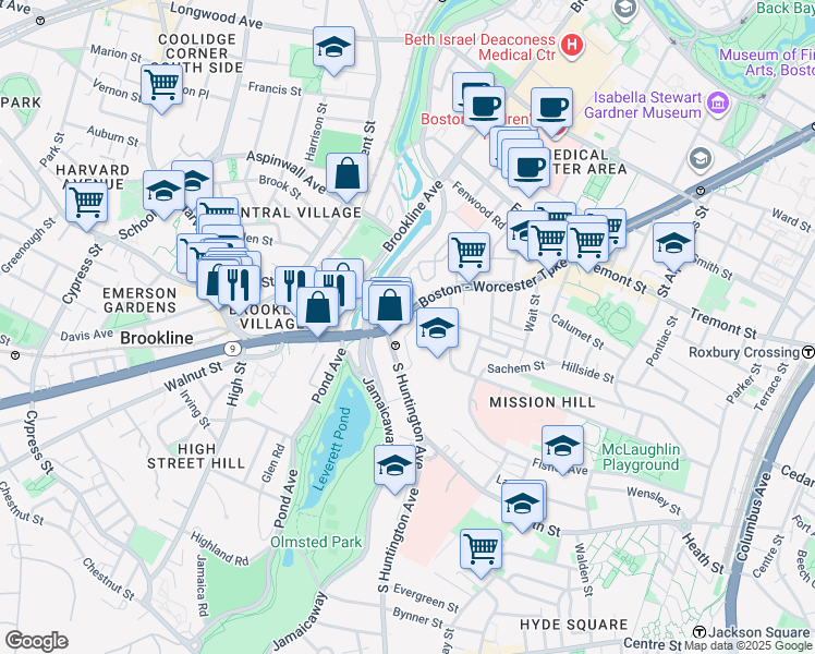 map of restaurants, bars, coffee shops, grocery stores, and more near 25-25A South Huntington Avenue in Boston