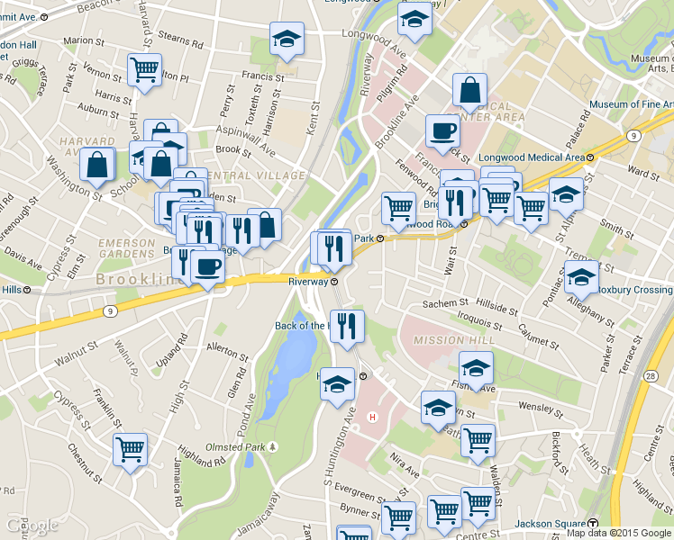 map of restaurants, bars, coffee shops, grocery stores, and more near 25-25A South Huntington Avenue in Boston