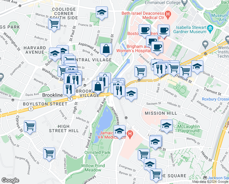 map of restaurants, bars, coffee shops, grocery stores, and more near 25-25A South Huntington Avenue in Boston