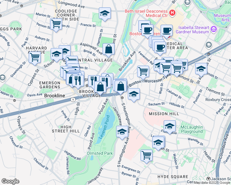 map of restaurants, bars, coffee shops, grocery stores, and more near 25-25A South Huntington Avenue in Boston