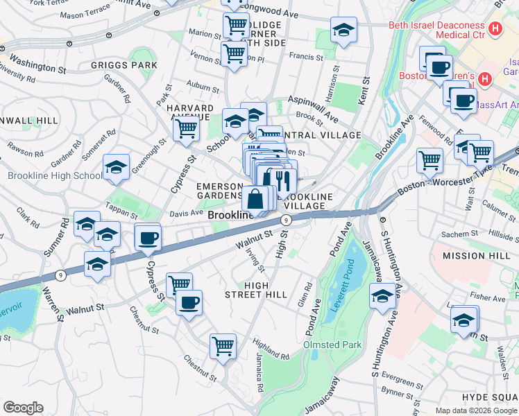 map of restaurants, bars, coffee shops, grocery stores, and more near 69 Boylston Street in Brookline