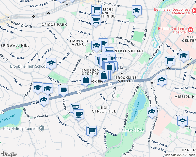 map of restaurants, bars, coffee shops, grocery stores, and more near in Brookline