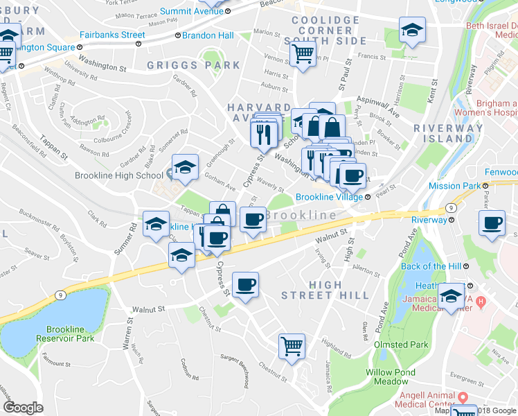 map of restaurants, bars, coffee shops, grocery stores, and more near 118 Davis Avenue in Brookline